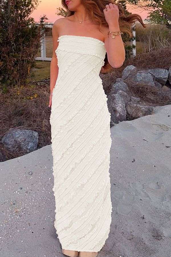 Strapless Textured Maxi Dress - S, Cream Beige image