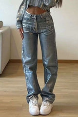 Fashion Hot Silver High Waist Straight Jeans - L, Blue image