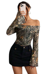 Off Shoulder Camo Long Bell Sleeve Crop Top image 0