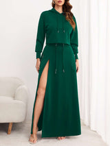 Casual 2 Piece Sweatshirts Split Skirt Sweatsuit - XL, Forest Shade Green image