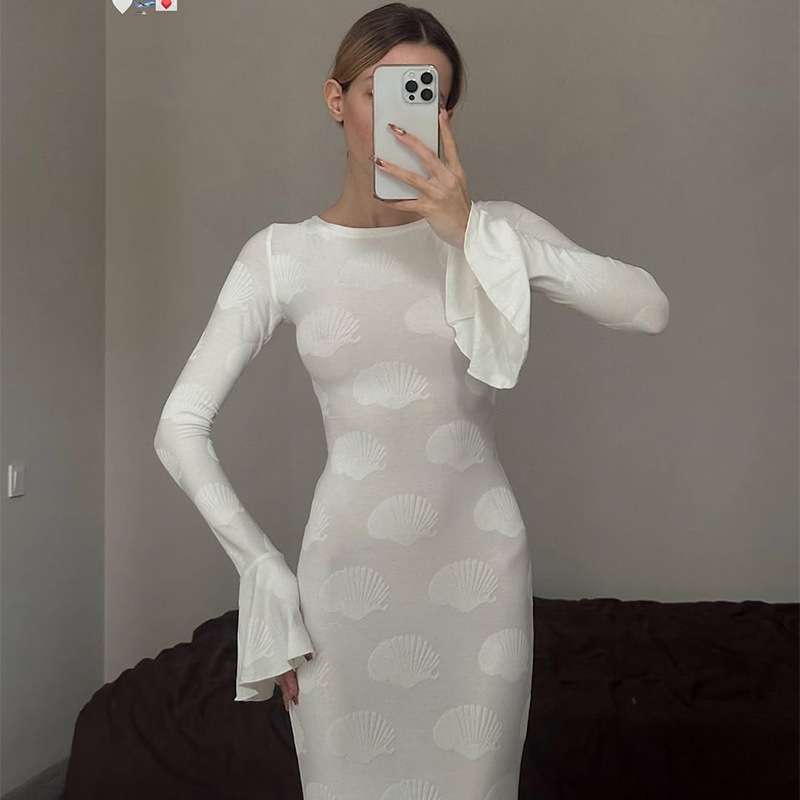 Long-Sleeve Maxi Dress with Shell Pattern image 2