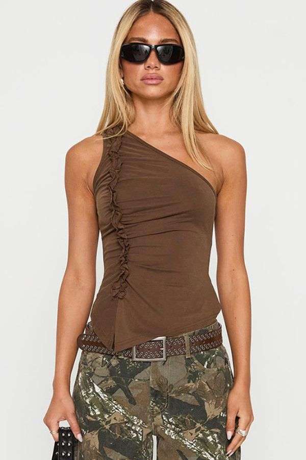 Asymmetrical One-Shoulder Ruffled Tank Top - S, Brown image