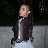 Mesh Patchwork O-Neck White Stripe Skinny Top image 1