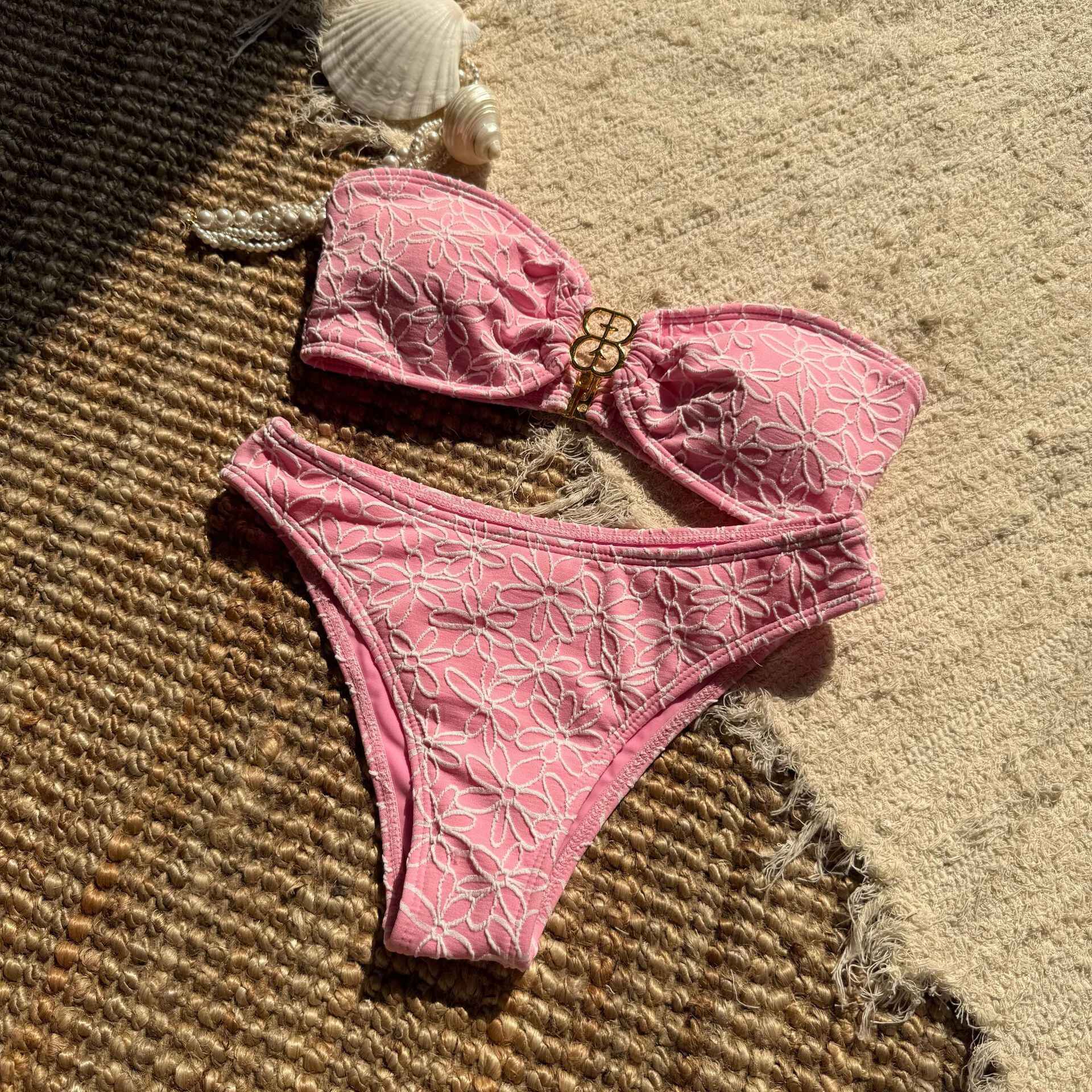 Floral Lace Two-Piece Swimsuit - S, Pink image