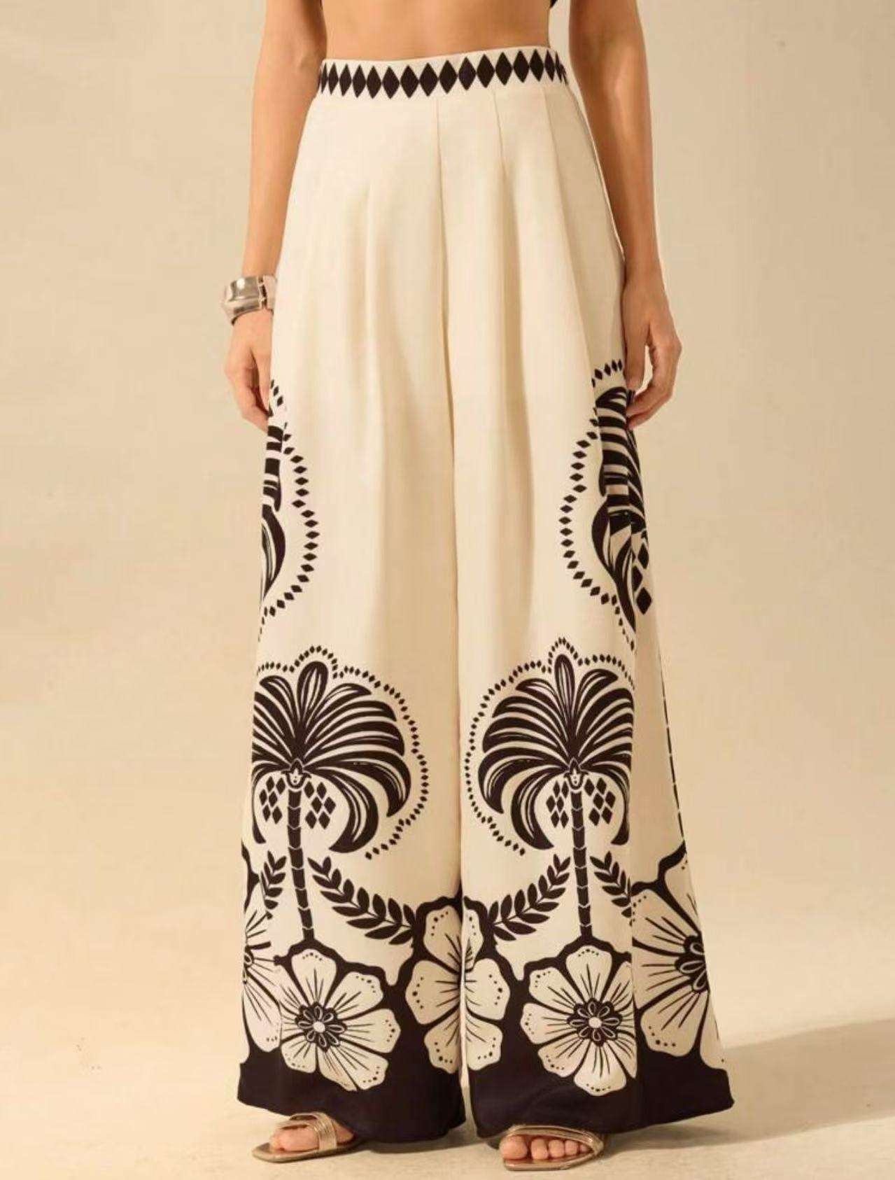Tropical Print High-Waisted Wide-Leg Pants - M, Black image