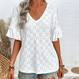 Eyelet V-Neck Top with Rolled Sleeves image 2