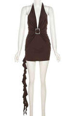 Sexy Halter Neck Ruffled Trim Backless DeepV Mini Dress image 3