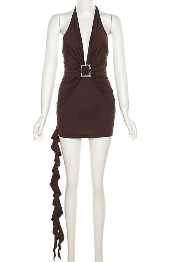 Sexy Halter Neck Ruffled Trim Backless DeepV Mini Dress image 3