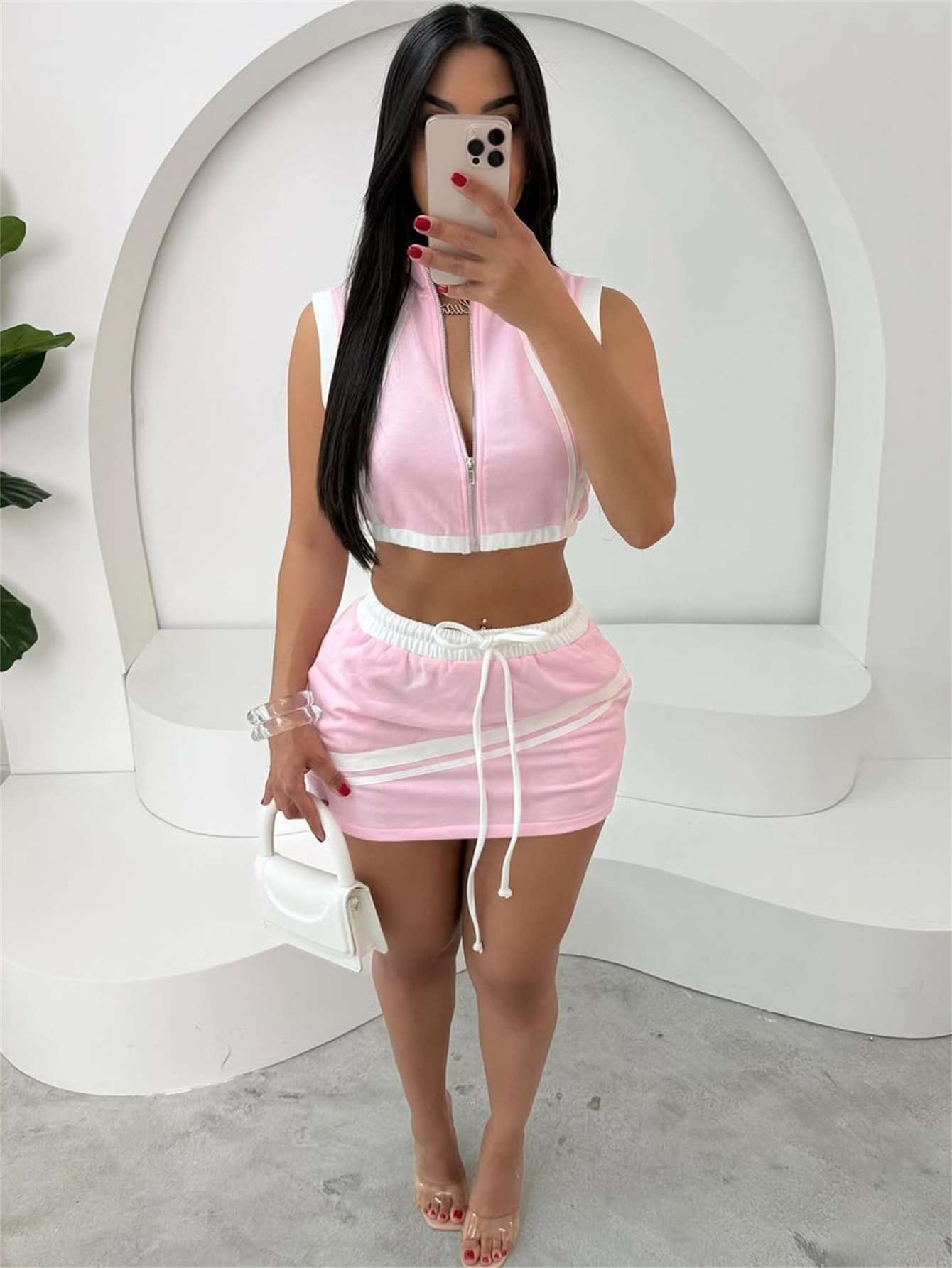 Sporty Zip-Up Crop Top & Mini Skirt Set image 1