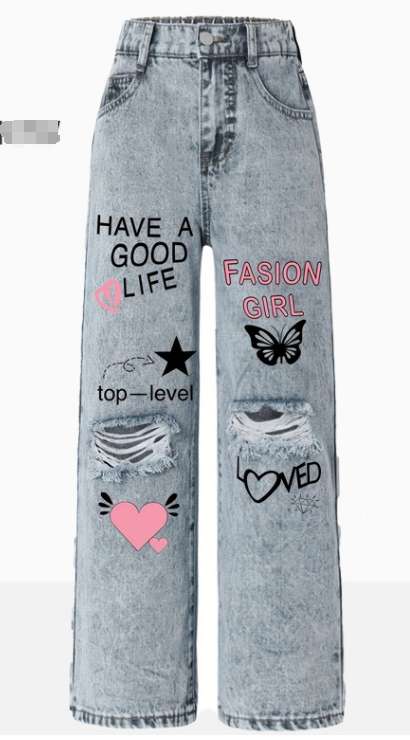 Graffiti Print Ripped Denim Pants - S, Light Grey image