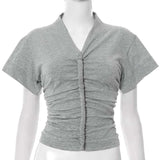 Casual Ruched Front Short Sleeve Top - S, Grey image
