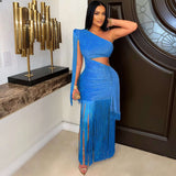 Fringe One-Shoulder Cutout Dress - L, Blue image