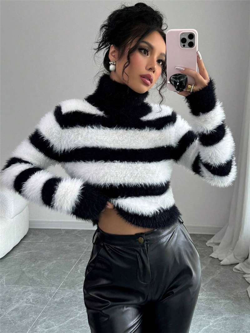 Fuzzy Striped Turtleneck Sweater image 0