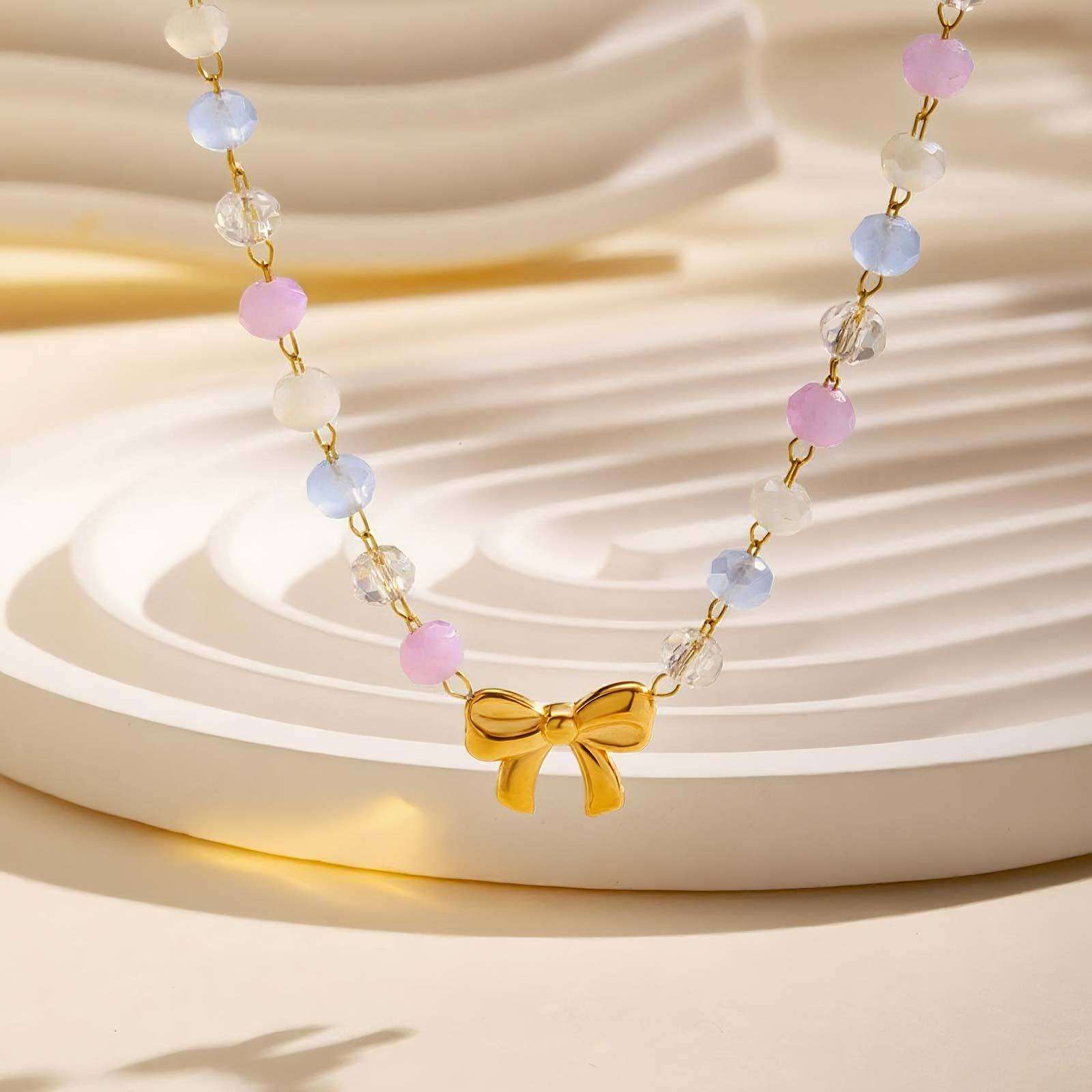 Beaded Necklace with Gold Bow Pendant - Free Size, Purple image