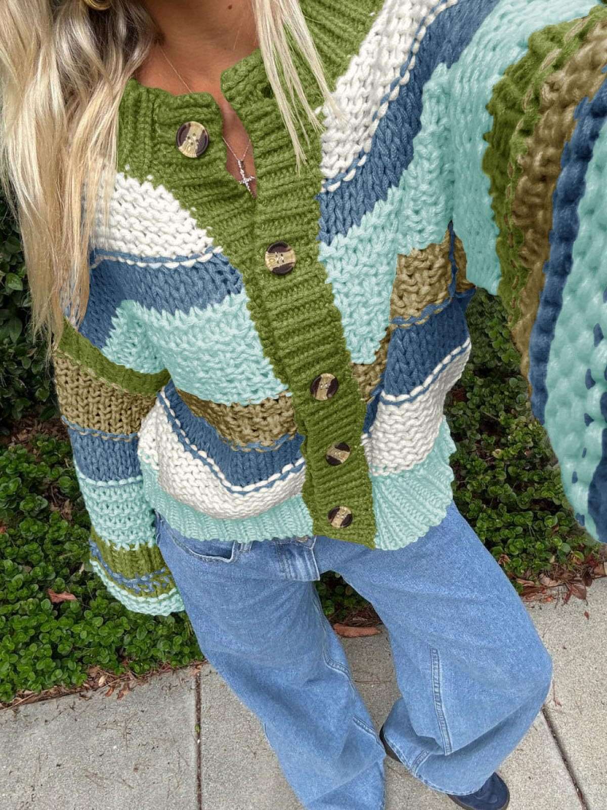 Mixed Stripes Colorful button-Up Sweater - S, Green image