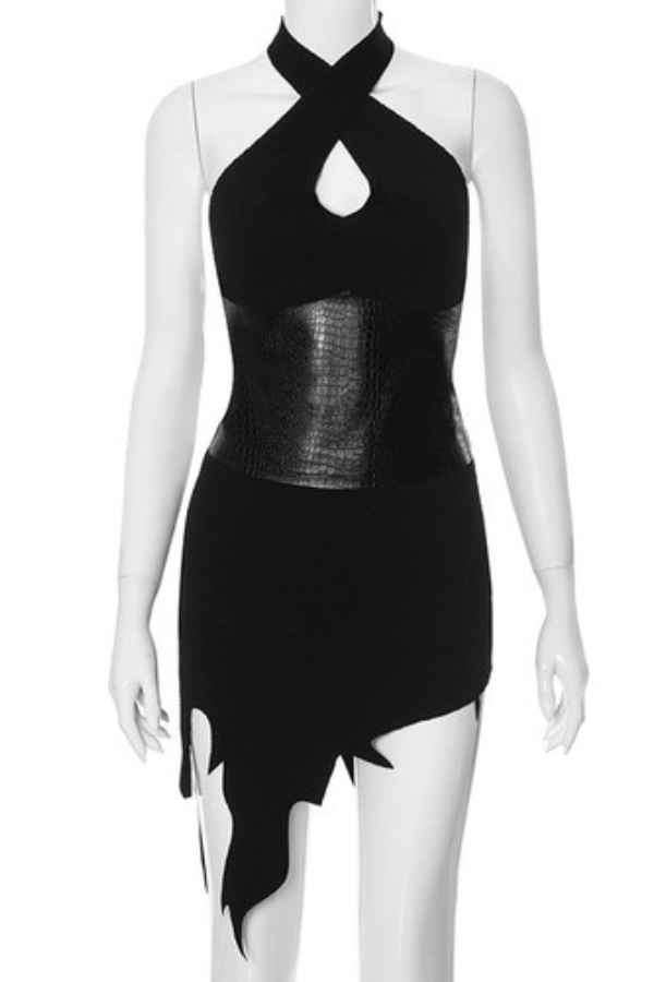 Sexy Halter Neck PU Patched Asymmetric Hem Mini Dress image 3