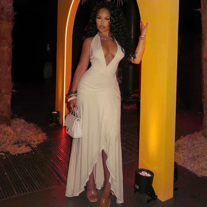 Elegant Deep-V Maxi Dress - S, Beige image