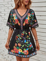 Floral Embroidered Boho Dress with Tassel Accents - M, Black image