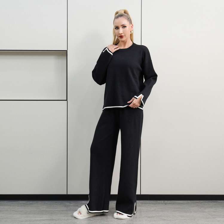 Casaul Sweater Sets Pullover Tops Wide Leg Pants - S, Black image