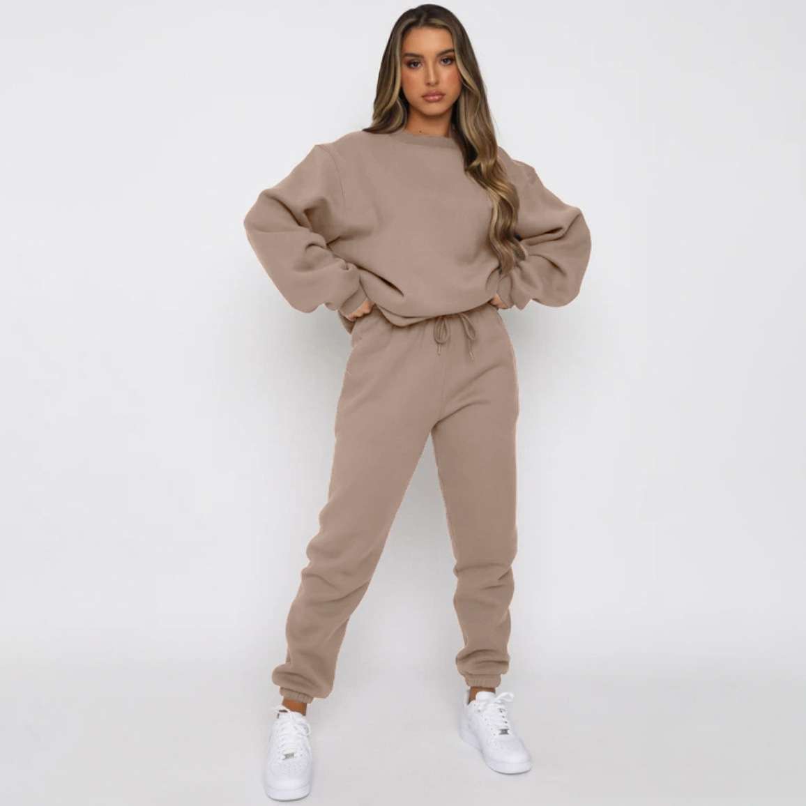 Solid Round Neck Pullover Sweatshirt and Jogger Pants - L, Warm Taupe Beige image