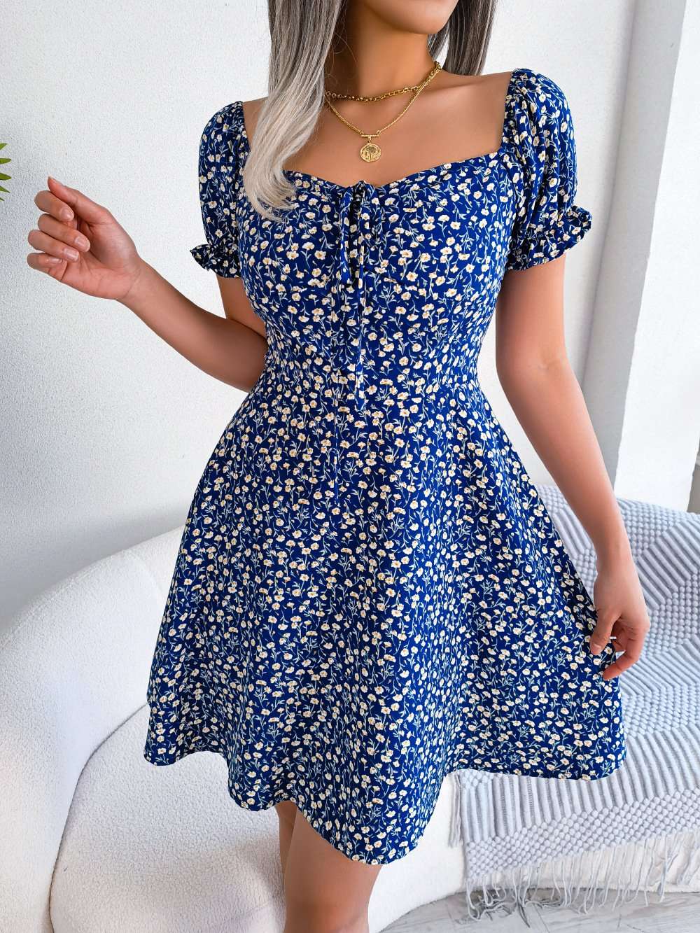 Floral Puff Sleeve A-Line Mini Dress image 0