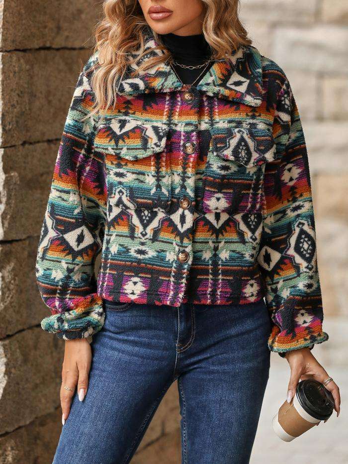 Fleece Jacket Ethnic Print Long Sleeve Shacket image 1