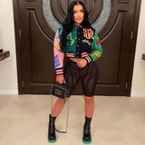 Button Up Printed Crop Bomber Jacket - M, Multi Green image