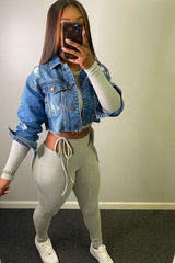 Washed Denim Jacket Crop Tops - L, Blue image