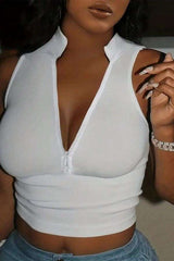 Sleeveless V-Neck Zip-Front Crop Top image 0