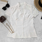 Puff Sleeve Ruffle Trim Button-Down Top image 4