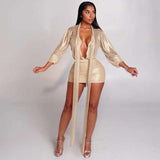 Long Sleeve Deep V Neckline Top & Skirt - S, Beige image