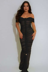 Off-Shoulder Ruched Maxi Dress - L, Black image