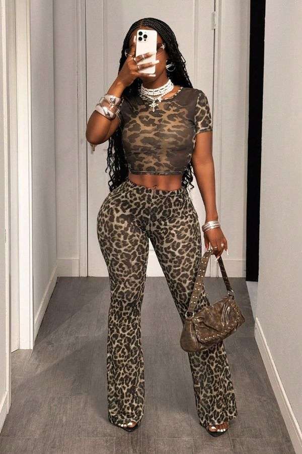 Leopard Print Crop Top & Flared Pants Set image 1