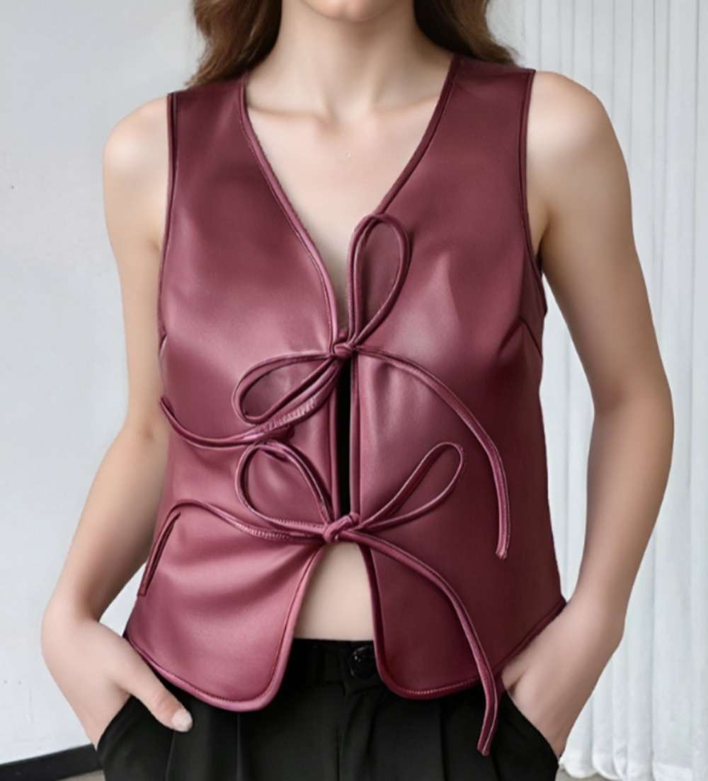 Faux Leather Tie-Front Vest Top - L, Wine Red image