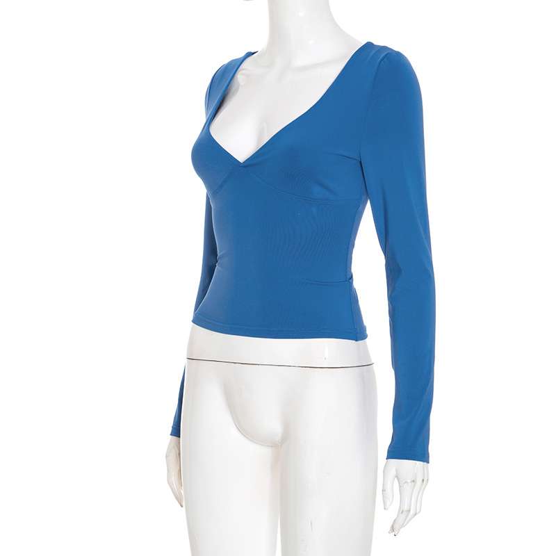 Elegant Blue V-Neck Long-Sleeve Top image 3