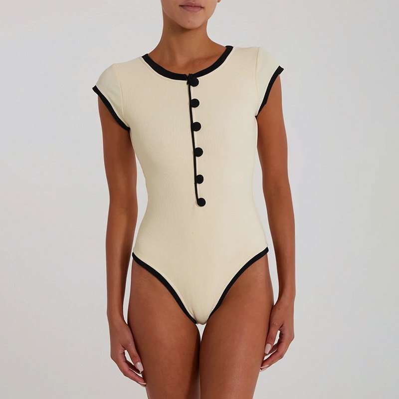 Vintage-Inspired Cap Sleeve Bodysuit - M, Cream Beige image