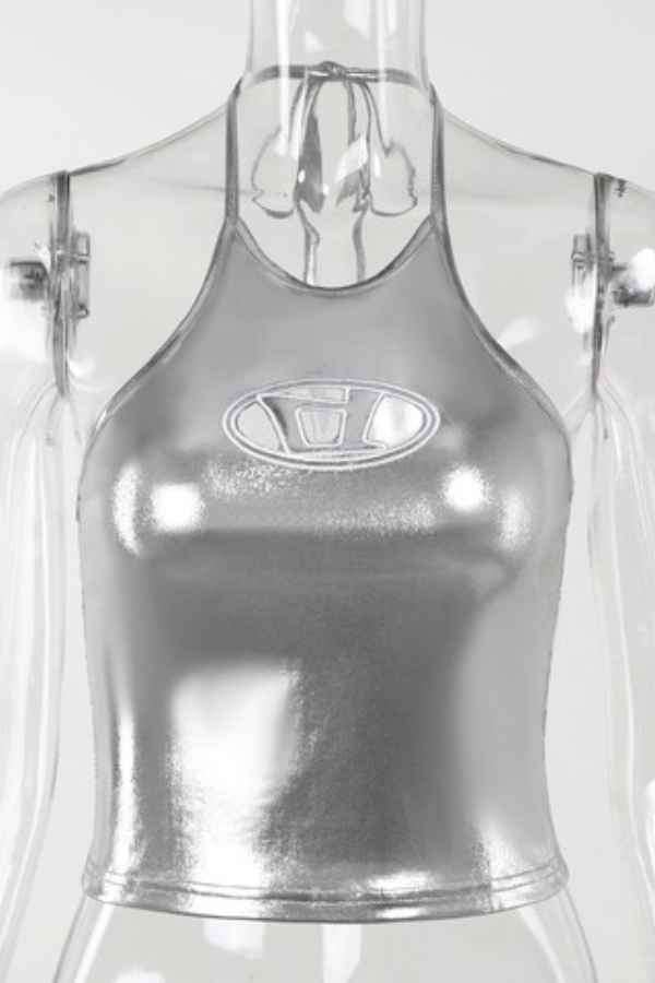 Sexy Halter Neck Metallic Sleeveless Fashion Crop Top image 3