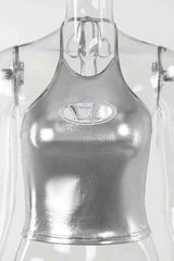 Sexy Halter Neck Metallic Sleeveless Fashion Crop Top image 3