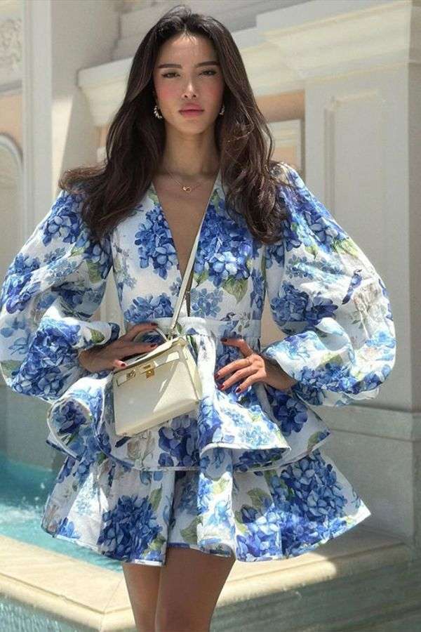 Floral Peplum Dress with Puff Sleeves image 0
