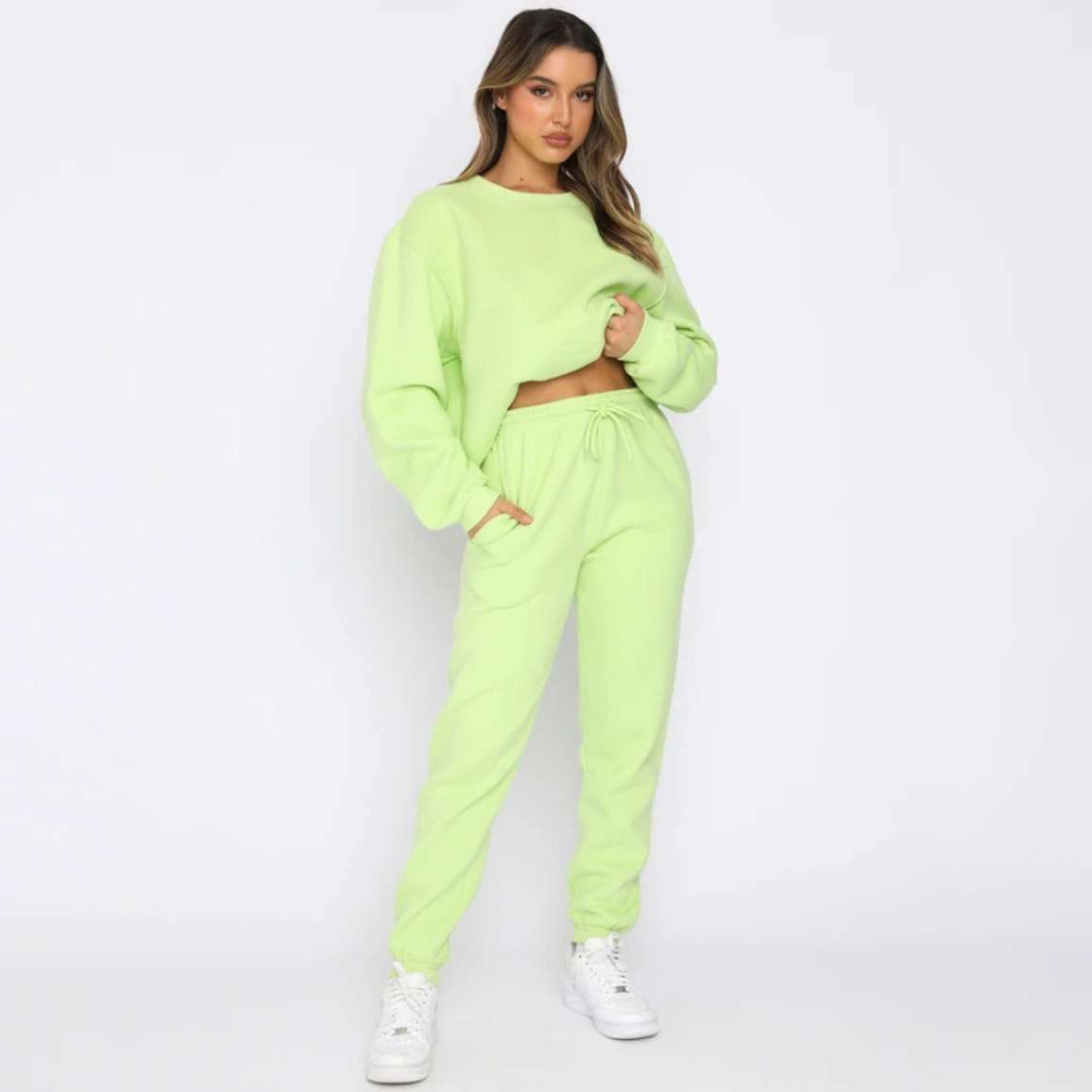 Solid Round Neck Pullover Sweatshirt and Jogger Pants - M, Mint Green image