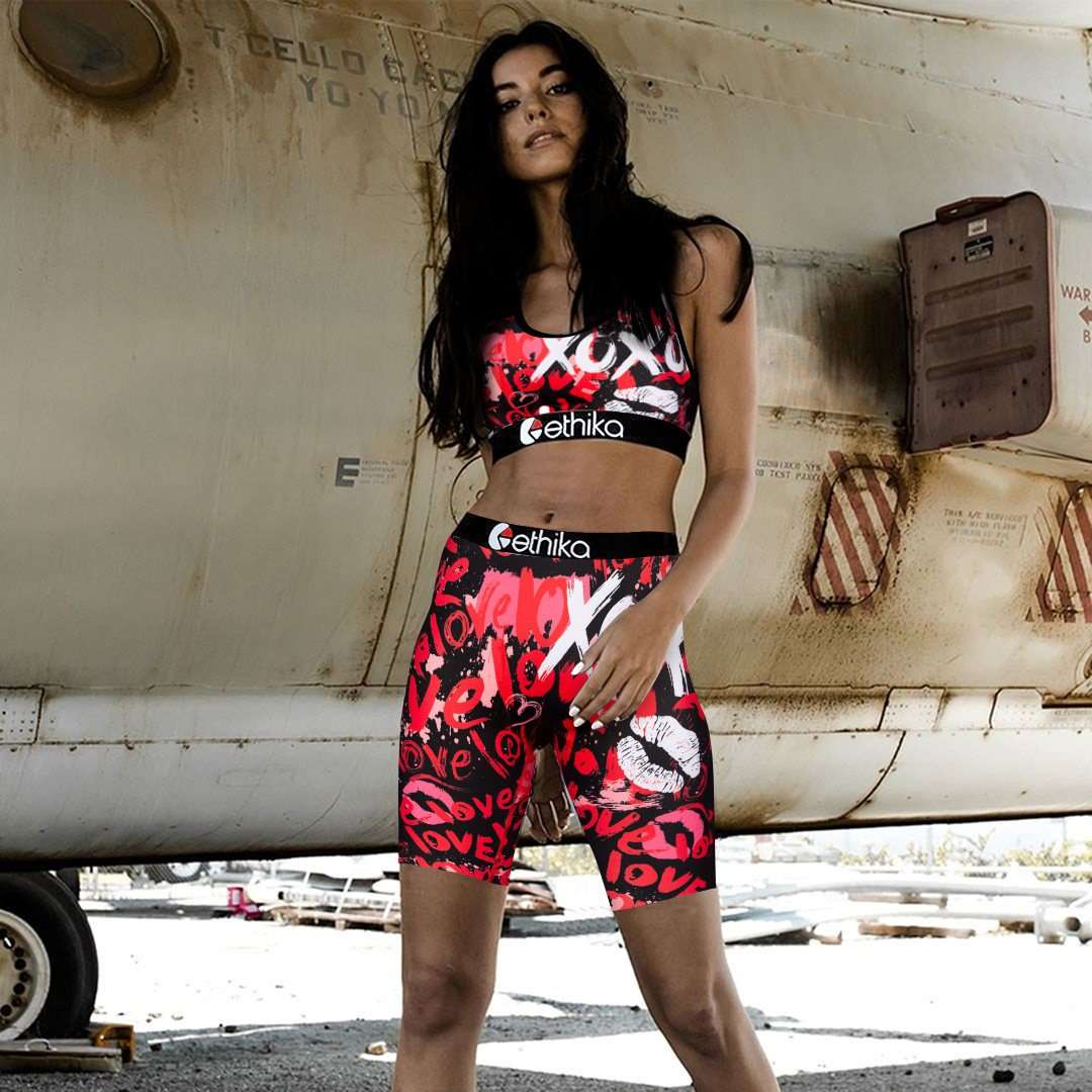 Graphic Sports Bra and Shorts Set - S, Multi Red image