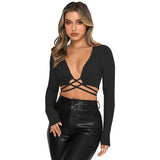 Deep V Neck Criss Cross Crop Top - S, Black image