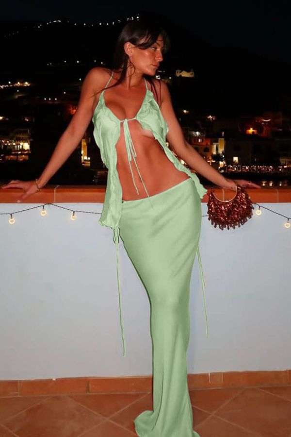 Backless Ruffle Tie Top & Maxi Skirt Set image 0