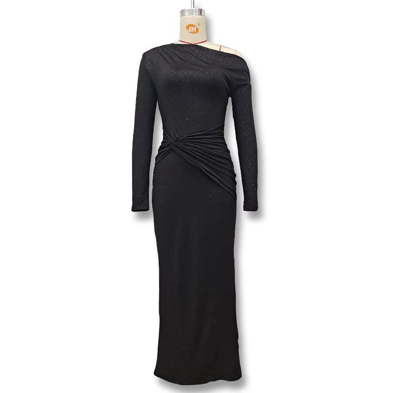 Asymmetrical Neck Ruched  Shimmery Maxi Dress image 5