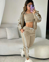 Striped Trim Tank Hooded Pants 3 Piece Sets - XL, Beige image