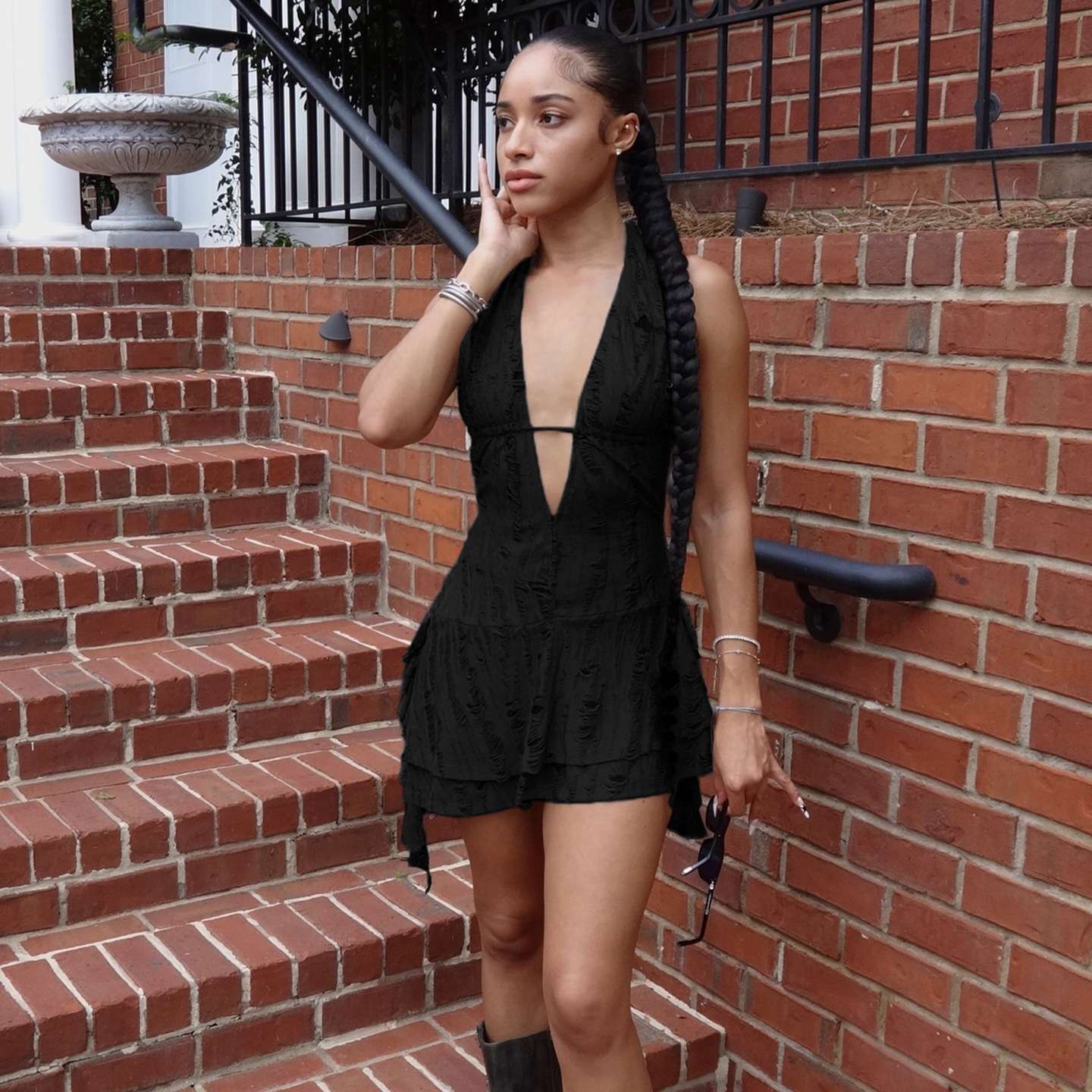 Textured Halter Dress with Ruffled Hem image 4