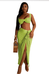 Women's Sexy 2 Piece Outfits Dress Sets Solid Color Camisole Bra Crop Top Pleated High Split Maxi Skirt image 1