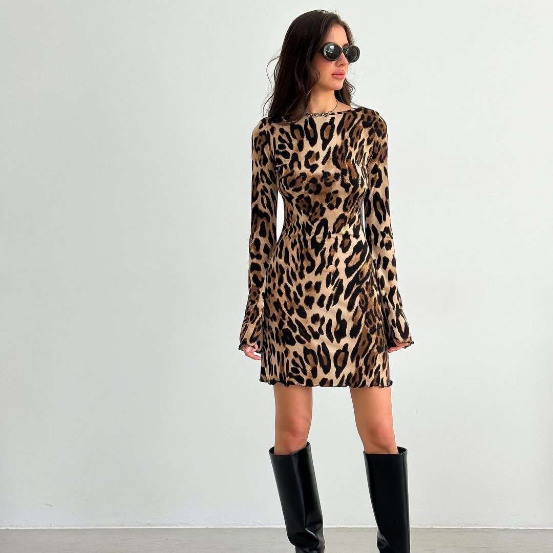 Animal Printed Mini Dress - S, Multi Brown image