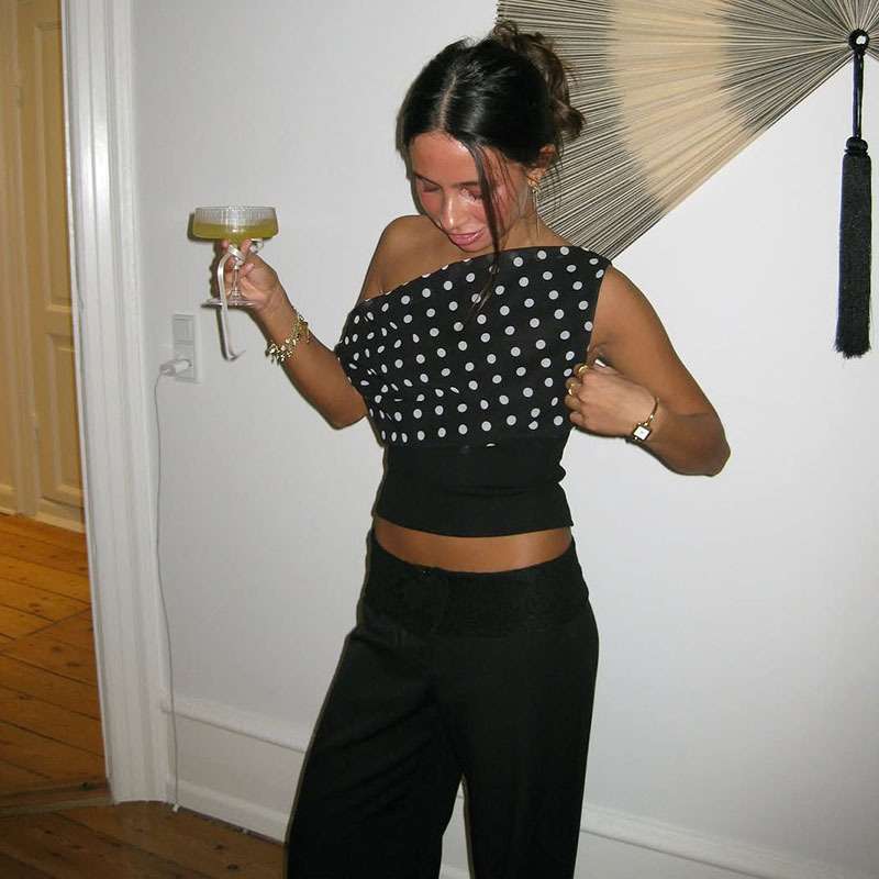 Polka Dot One-Shoulder Crop Top - L, Black image