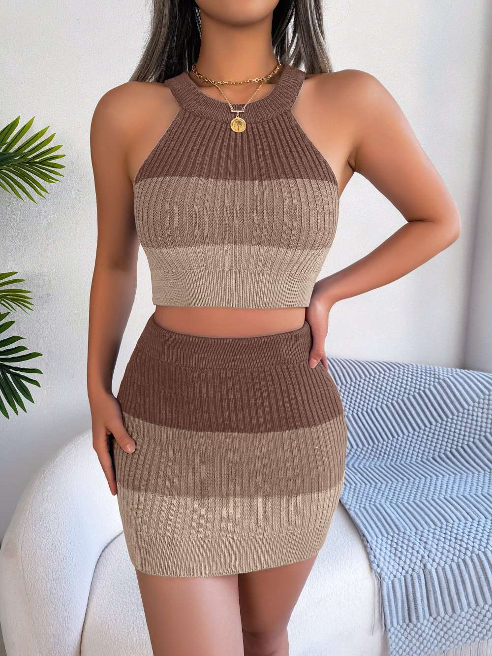 Ribbed Knit Ombre Two-Piece Set - L, Beige image